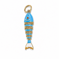A fish-shaped charm with a light blue enamel body, textured gold stripes, a gold eye with a red pupil, and a gold ring at the top, shown on a plain white background.