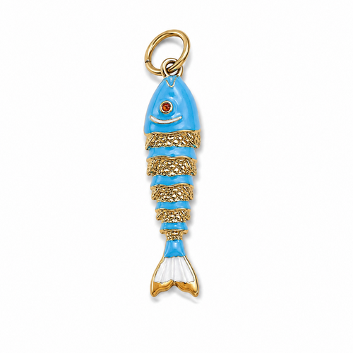 A fish-shaped charm with a light blue enamel body, textured gold stripes, a gold eye with a red pupil, and a gold ring at the top, shown on a plain white background.