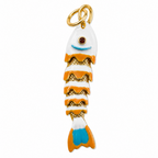A gold fish-shaped charm pendant with white enamel, orange and gold glitter stripes, a small blue accent on the face, and a blue tail, shown on a plain white background.