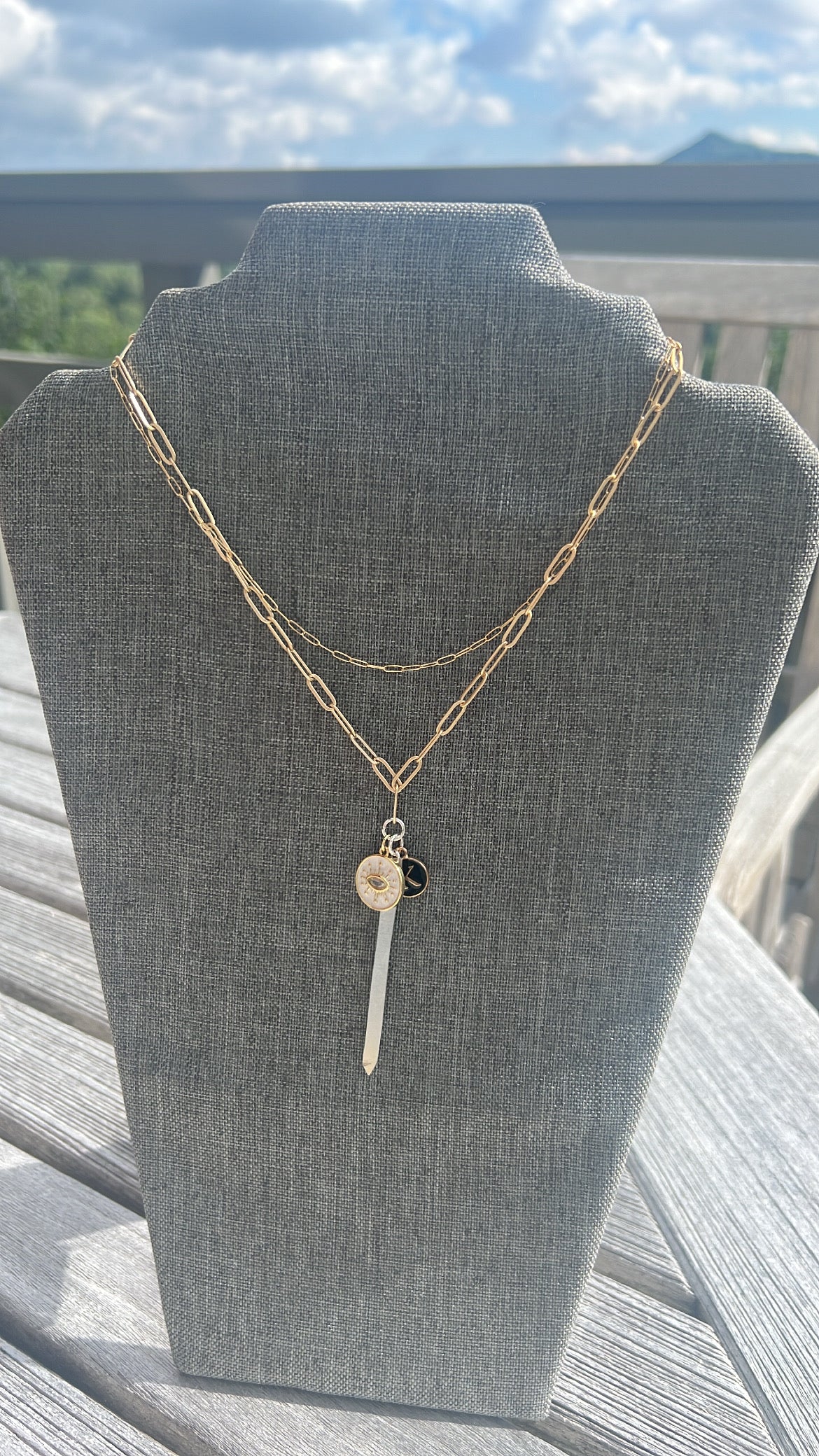 Evil Eye and Black Monogram BB Gold charm necklace