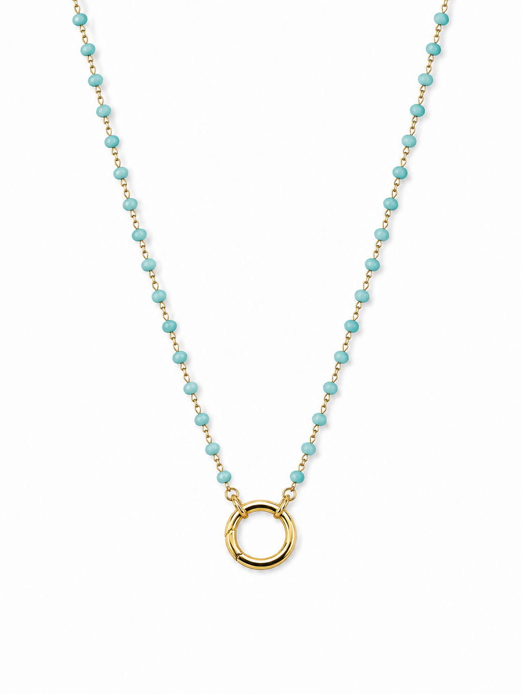 A delicate gold chain necklace featuring small, evenly spaced light blue-green beads and a polished gold open circle pendant, displayed on a clean white background.