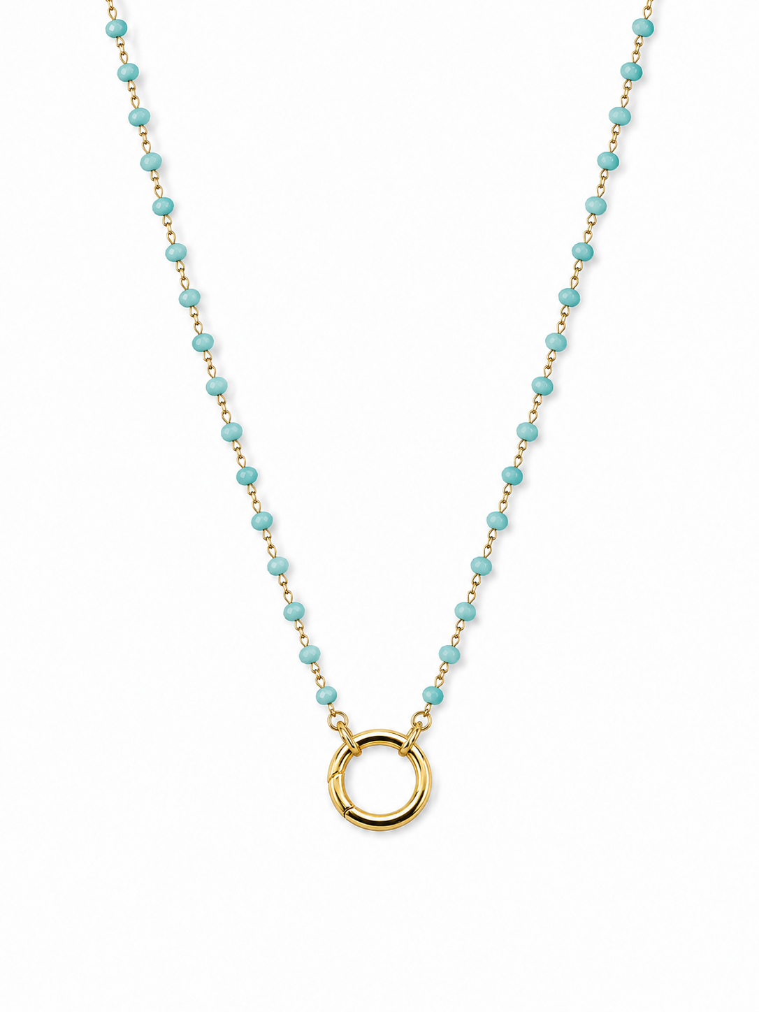 A delicate gold chain necklace featuring small, evenly spaced light blue-green beads and a polished gold open circle pendant, displayed on a clean white background.