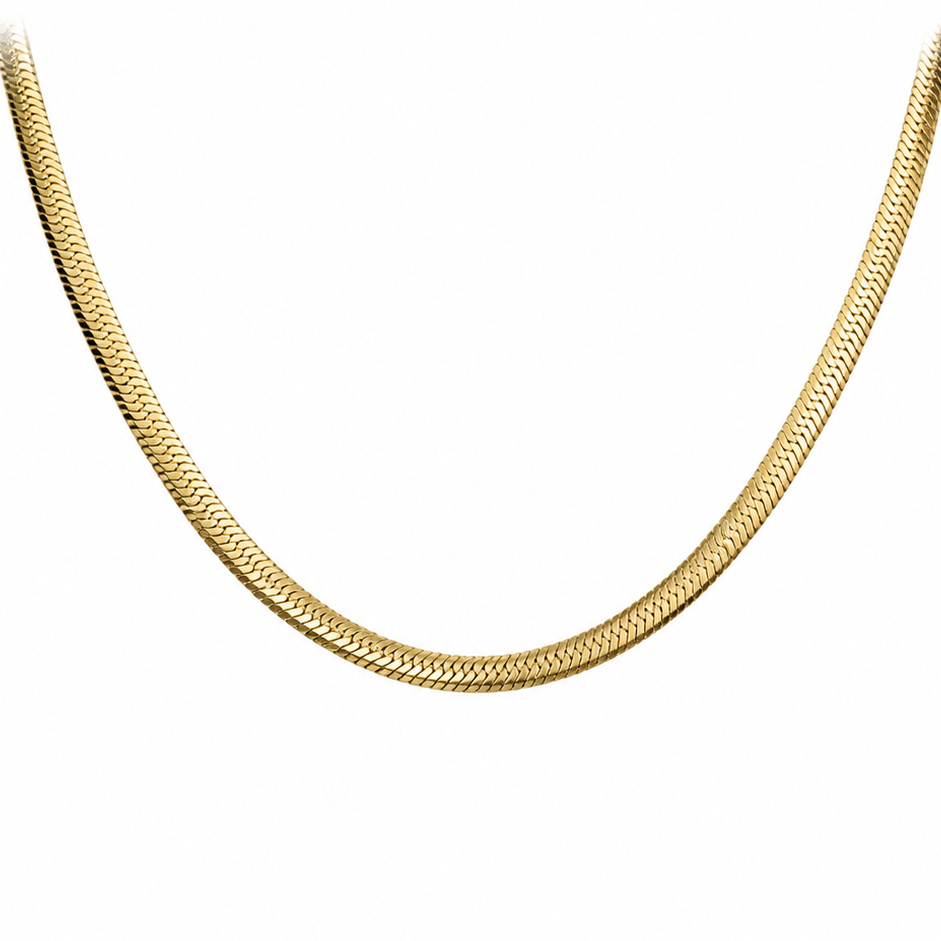 A gold-colored snake chain necklace shown against a plain white background.