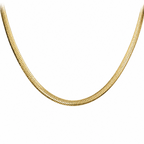 A gold-colored snake chain necklace shown against a plain white background.