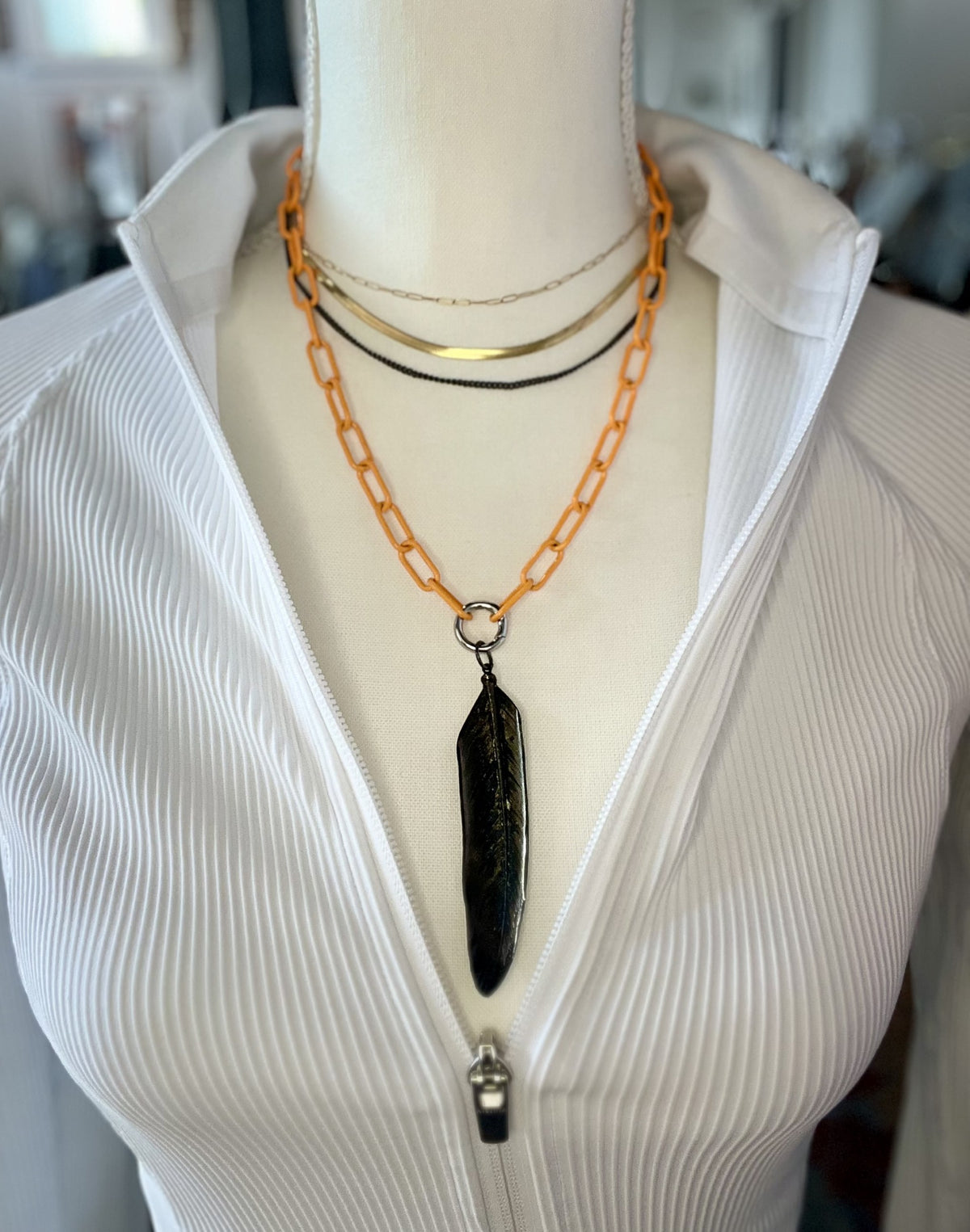 Orange paperclip chain with black feather pendant! (Charm Necklace)