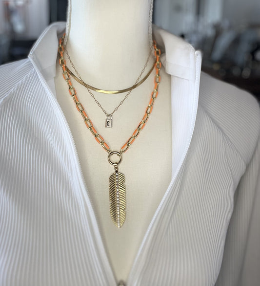 Orange Paperclip Chain with Gold Feather Pendant (Charm Necklace)