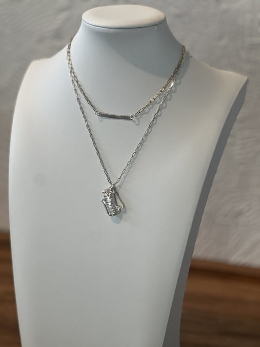 short layer- sterling silver bar & gold filled paperclip chain